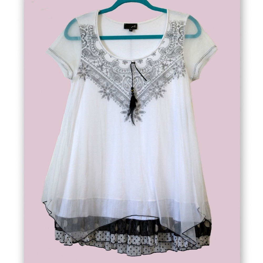 Fancy Short Sleeve White Layered Tunic S/M